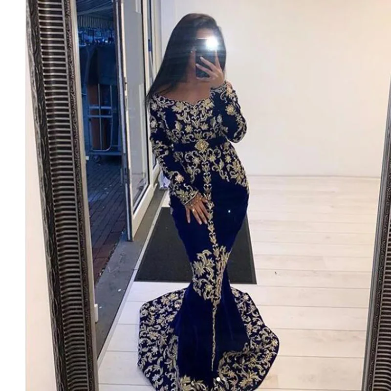 SoDigne Mermaid Caftan Evening Dresses Arabic Long Sleeve Velvet Lace Prom Gowns Karakou Formal Party Dress 2021