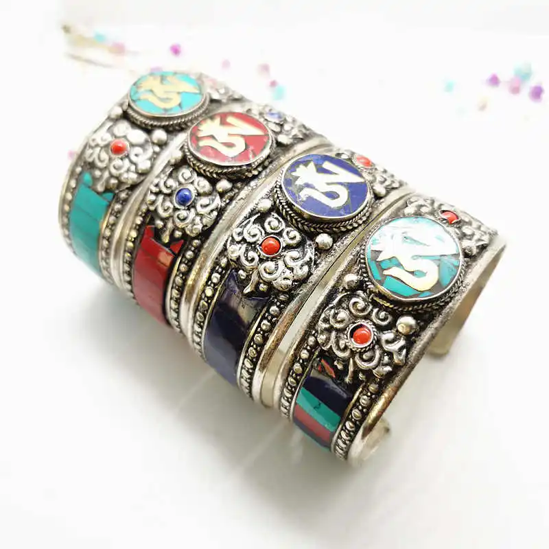 Indian Metal Dancing Bangles Copper Inlaid Stone Open Cuff BB-011