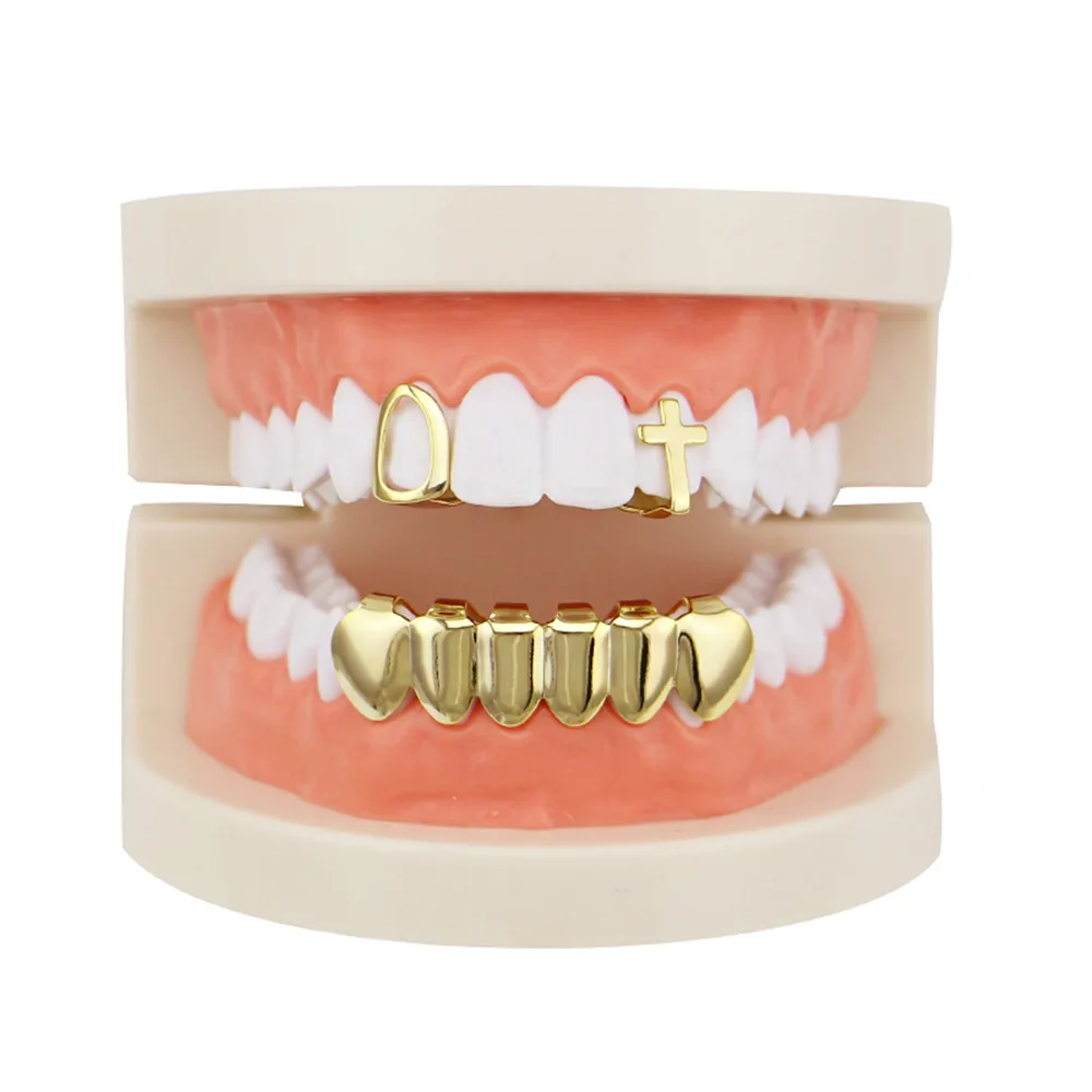 Factory Bottom Price Gold Color Teeth Grillz Set Mixed Design Fake Tooth Grillz Hip-hop Cool Men Body Jewelry US Rap Mouth Caps