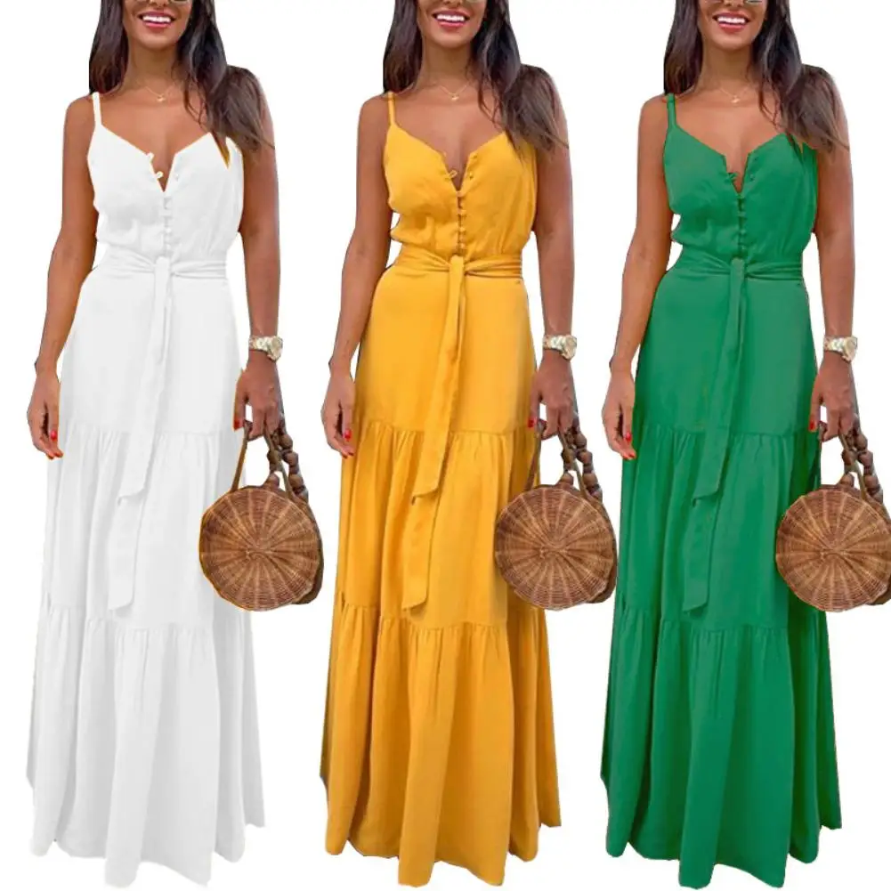 

dress Sexy Women Maxi Dress Bohemian Sleeveless Dresses Women V-neck Solid Sleeveless Belted Maxi dresses for women