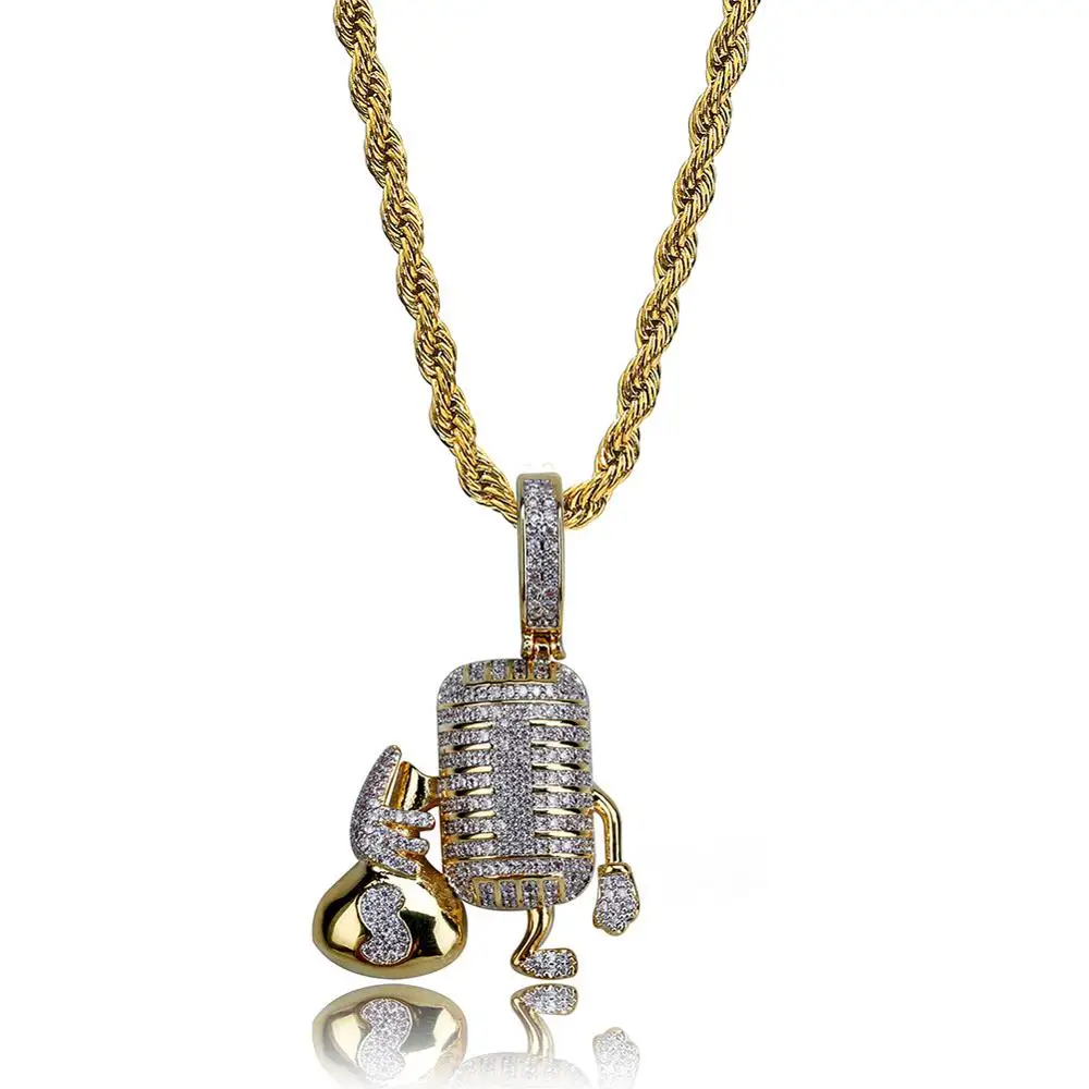 Hip Hop AAA Cubic Zirconia Bling Iced Out Dollar Money Bag Microphone Pendants Necklace for Men Rapper Jewelry Drop Shipping