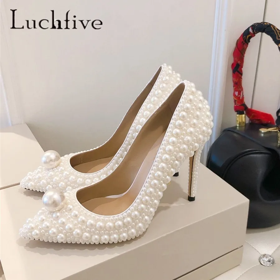 Beautiful Wedding Pumps Ivory White Pearl Embellished High Heel Pumps Top Quality Ladies Wedding Shoes