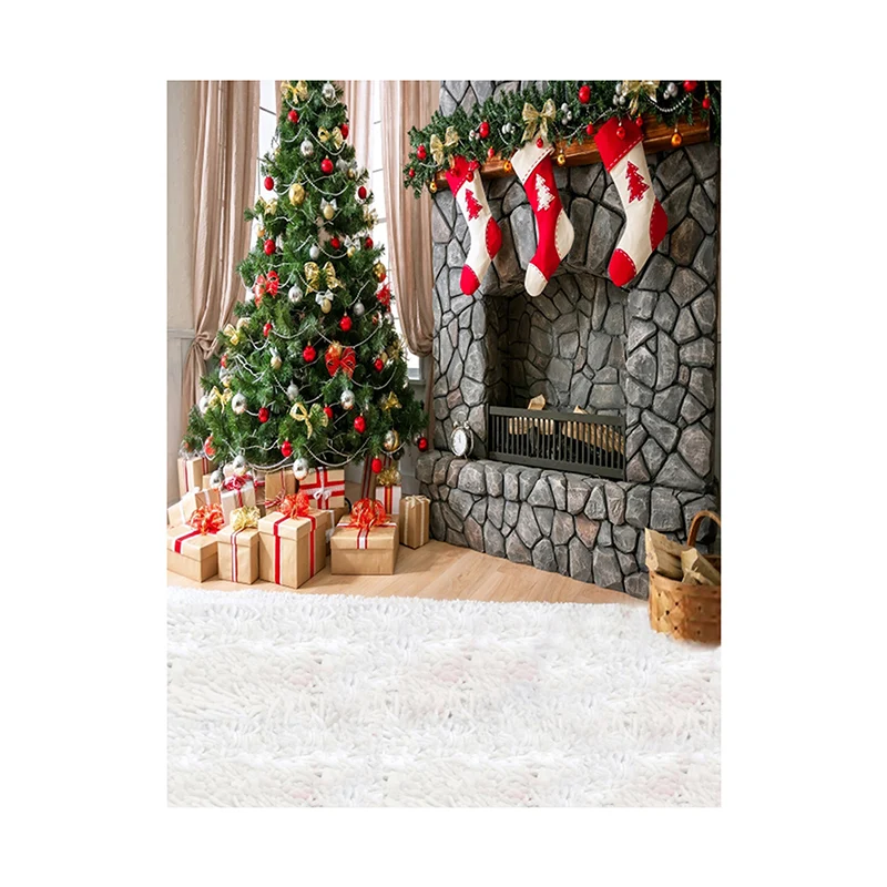 Christmas Backdrop 100*150cm Fireplace Fire Winter Xmas Tree Photography Background New Year Party Poster Home Wall Decor