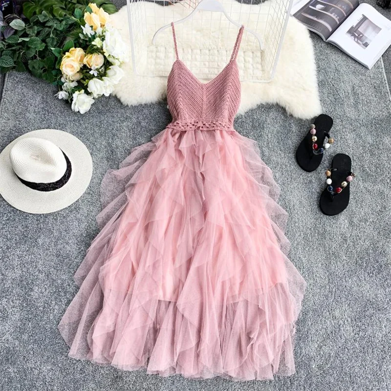 

Summer Sleeveless Sling Gauze Tulle Dress Women knit V-neck Sexy Backless Long Dresses Sweet Mesh Pink Party Dress Vestidos