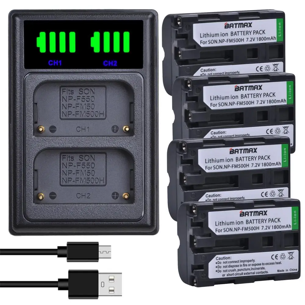 Batmax NP-FM500H FM500h Battery+LED USB Dual Charger with Type C Port for Sony Alpha A58 DSLR-A350A300/A350/A450/A500/A550