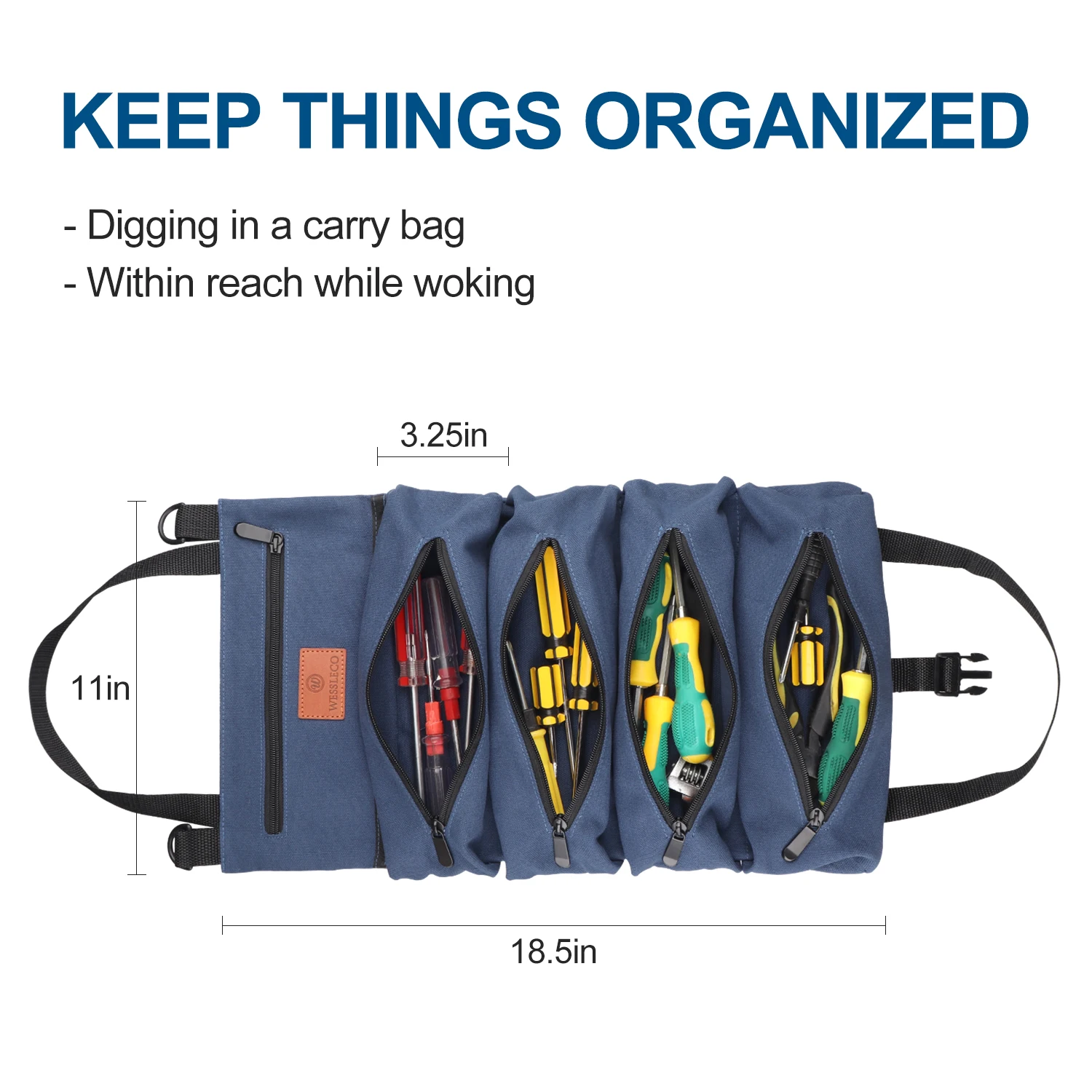 WESSLECO Roll Up Multi-Purpose Wrench Screwdriver Organizer Tool Hanging Zipper Carrier Tote Bag