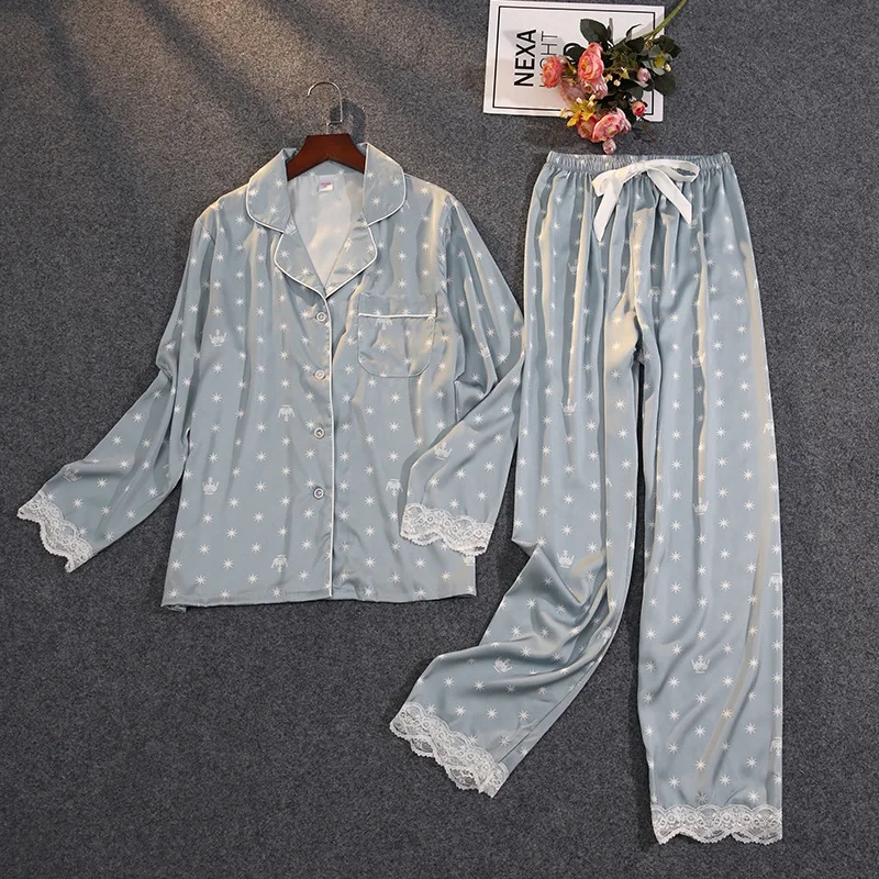 Pyjama d\'été deux pièces en Satin de soie glacée pour femmes, vêtements d\'extérieur fins en dentelle imprimée