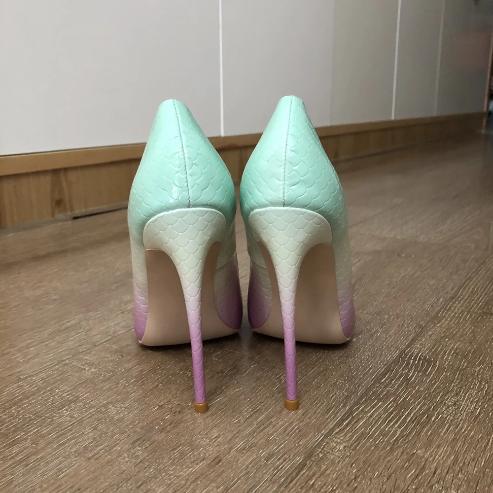 Veowalk Mint Purple Gradient Women Crocodile Effect Pointy Toe Sexy High Heel Shoes 8cm 10cm 12cm Stiletto Pumps Plus Suze 44 45