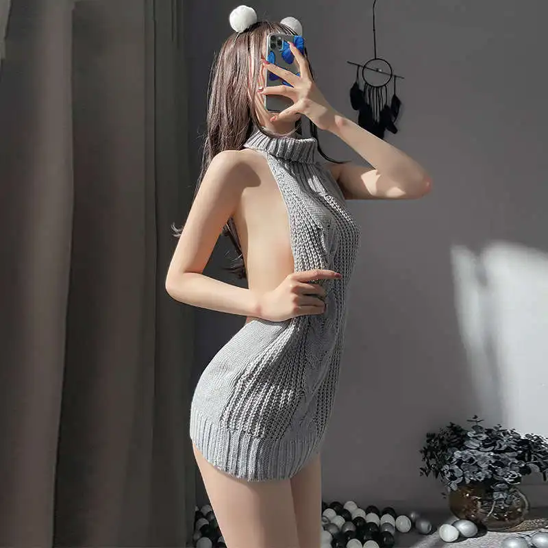 Cute Knitted Women Sexy Sweater Dress Japanese Backless Long Virgin Killer Turtleneck Sleeveless Gray Pullover Anime Style New image 5