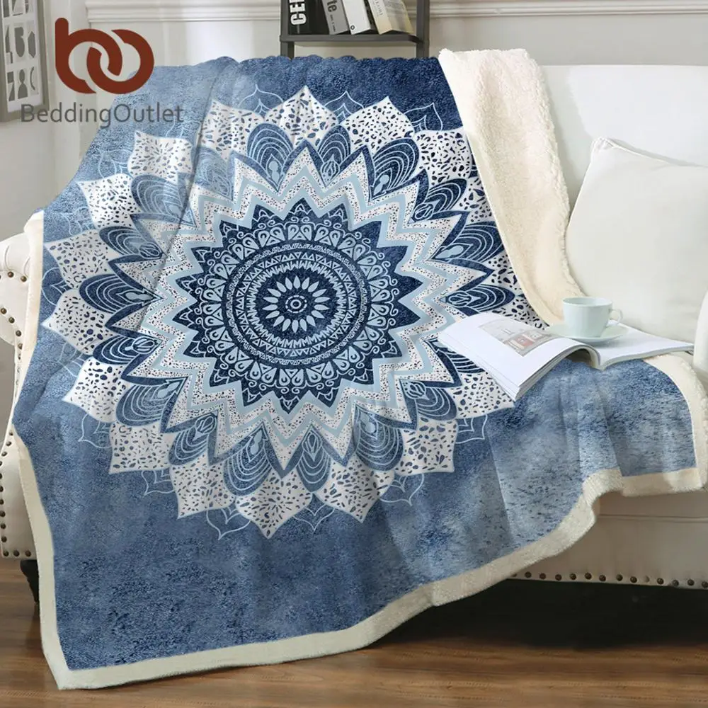 

BeddingOutlet Velvet Plush Reversible Sherpa Blanket Vintage Cobalt Blue Mandala Fuzzy Microfiber Soft Blanket for Bed or Couch