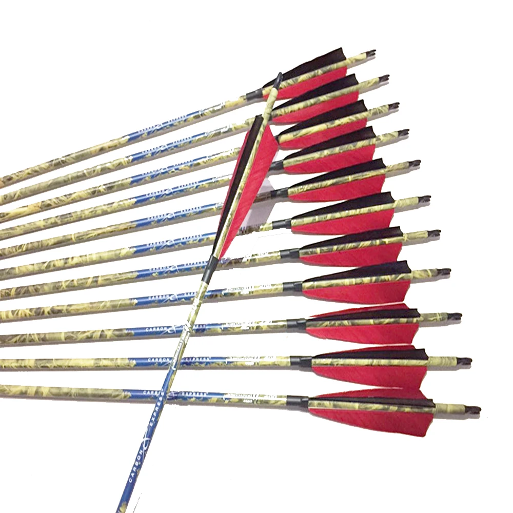 

12pcs Archery 100% pure carbon arrow shafts spine300-400 camouflage ID6.2mm 5" Turkey fletching feathers traditional bow