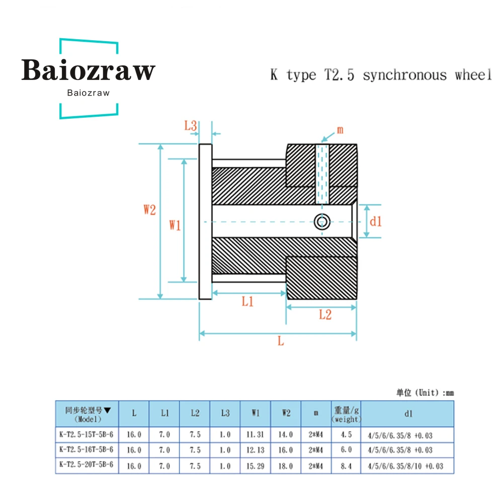 Polea de distribución para impresora 3D T2.5, correa de distribución tipo K, polea de sincronización de aleación de aluminio, 15T, 16T, 20T, diámetro de 5mm de ancho, 6mm, tipo T2.5 K