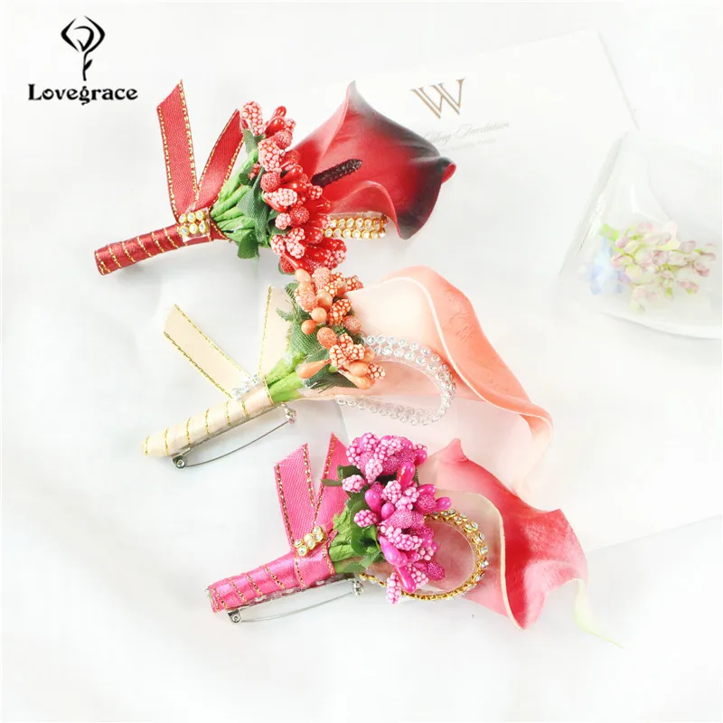 Lovegrace yaka çiceği düğün korsaj iğneler damat yaka çiceği ilik PU Calla düğün tanık korsaj çiçekler adam aksesuarları