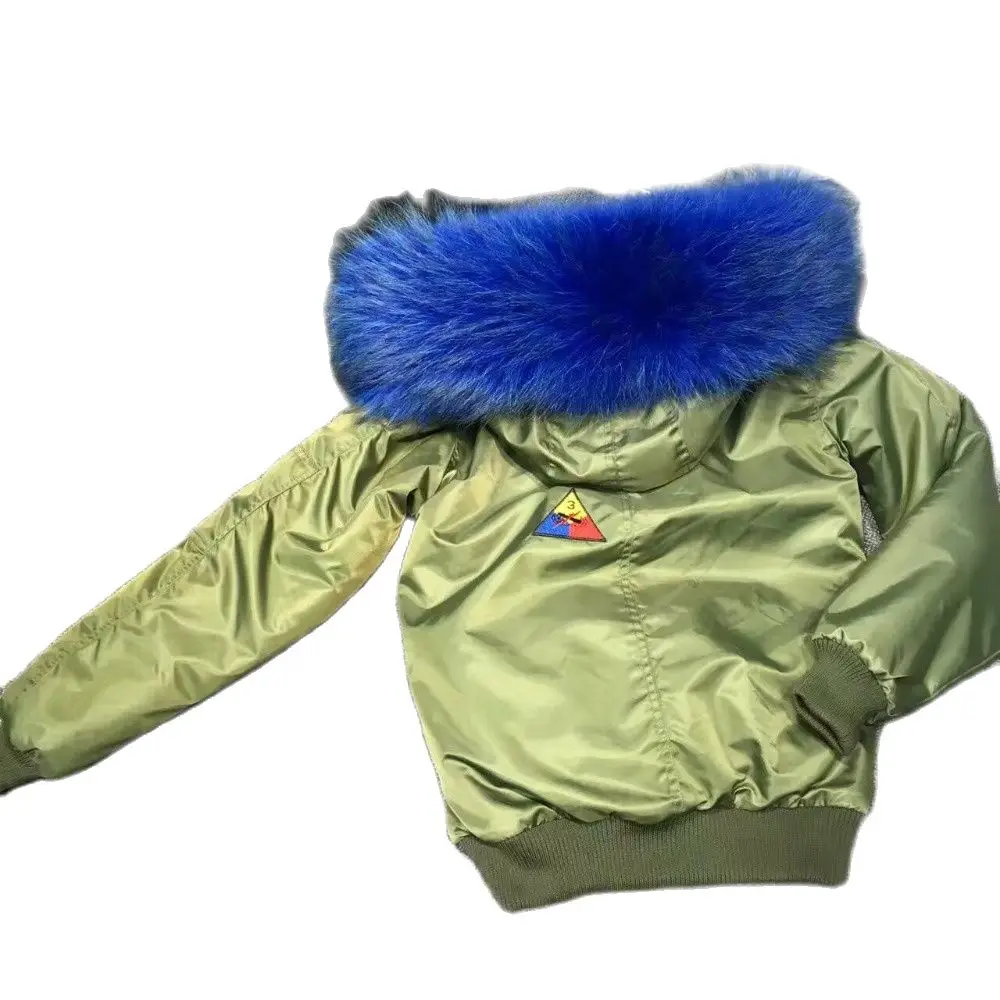 Navy Blue Bomber Fur Parka For Ladies Winter Wear Army Green Pattern Warmbody Raccoon Hoodies Mini Bombers