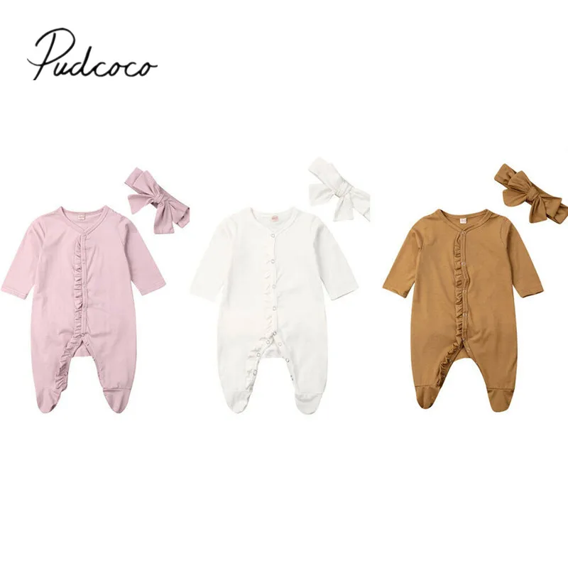 2019 Baby Spring Autumn Clothing Infant Baby Boy Girl Long Sleeve Footies Ruffled Sleepwear Pyjamas Headband 2Pcs Sets Clothes