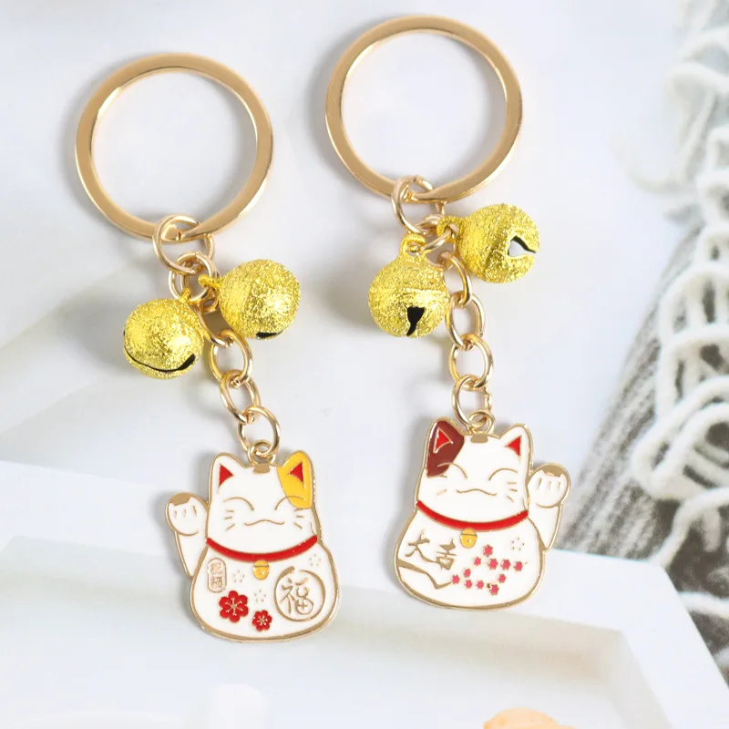 Cartoon Good Fortune Lucky Cat Keychain Maneki Neko Bell Trinkets Car Bag Charm Omamori Backpack Pendant Keyfob Couple Gift