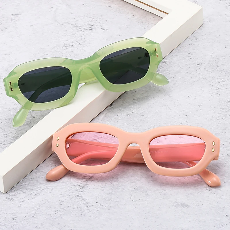 SO&EI Ins Popular Fashion Polygon Square Women Sunglasses Shades UV400 Retro Rivets Decor Men Trending Blue Green Sun Glasses