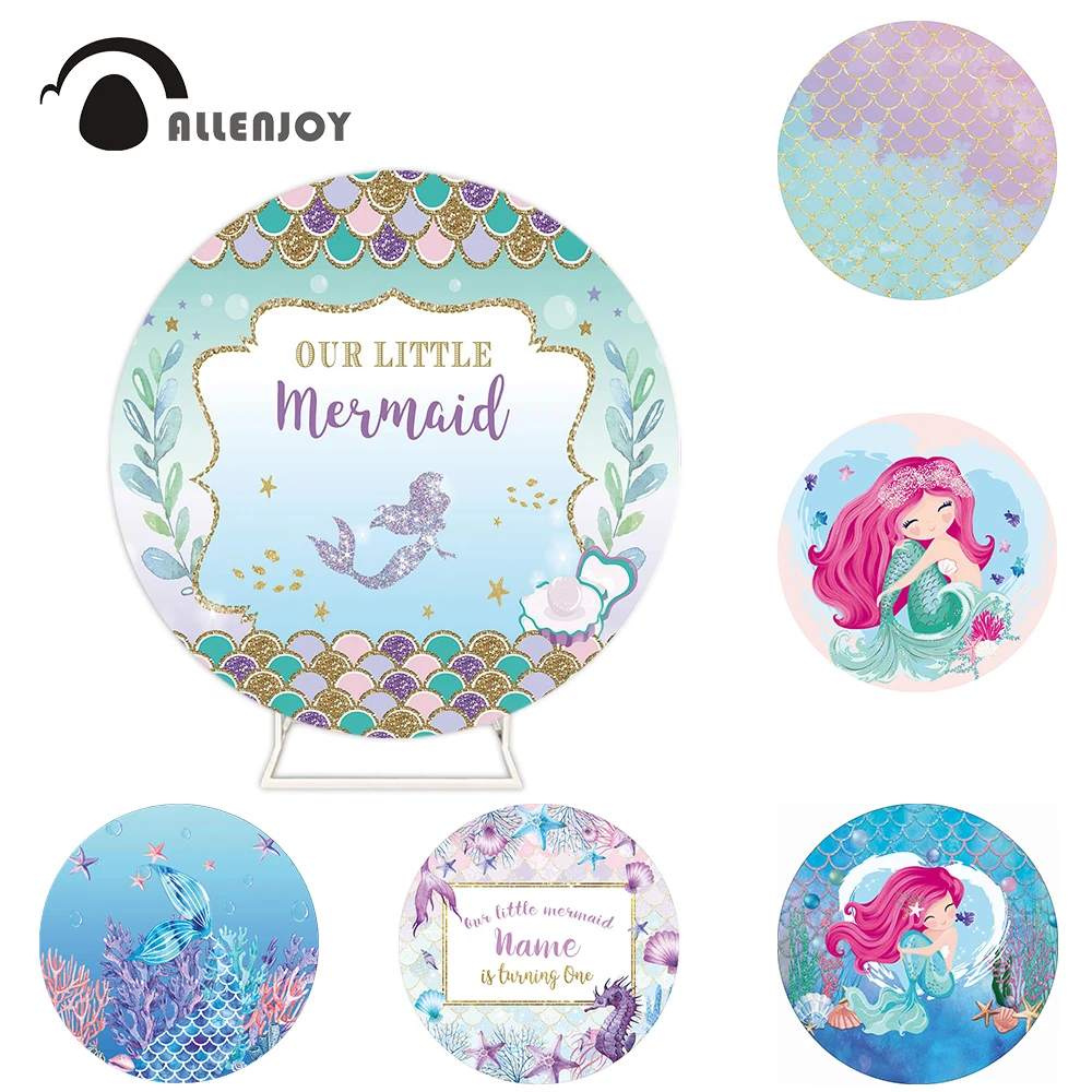 

Allenjoy Mermaid Birthday Round Backdrop Fish Scales Party Circle Background Purple Gradient Cover Baby Shower Photo Studio