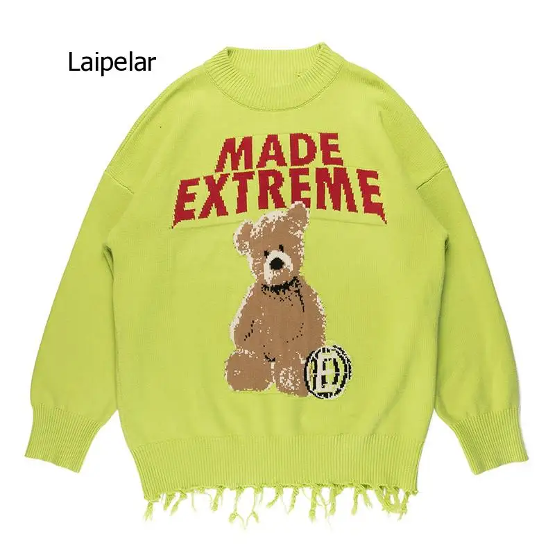 Sweater Men Hit Color Cartoon Bear Tassel Knitted Pullover Men O-Neck High Street Autumn Street Wear Couple