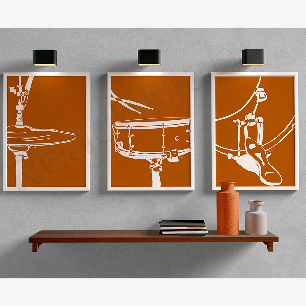 Drum Set Wall Art, Drums Poster, Minimalist Terra Cotta Tenne Digital Art Print, Music Room Decor, Music Studio Decor