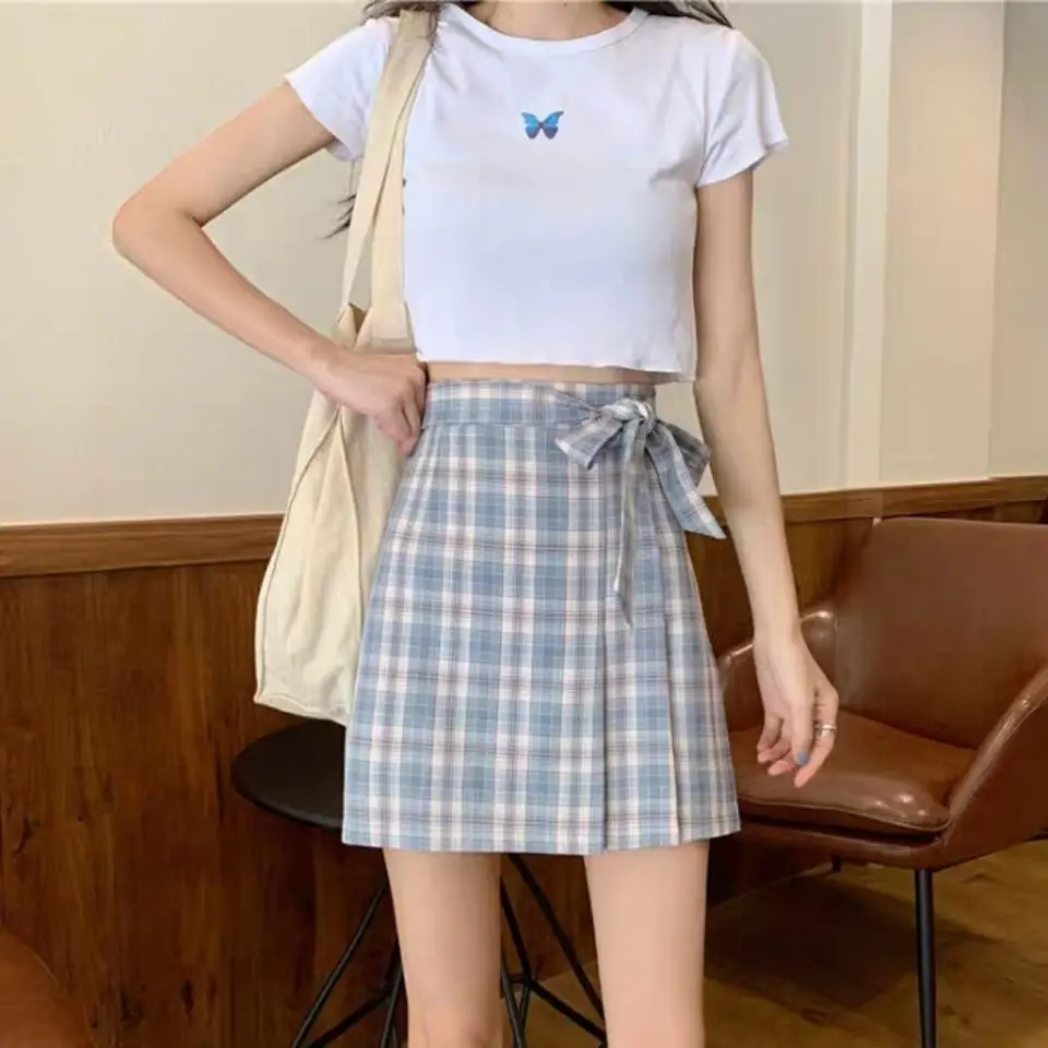 Summer Bow Bandage Purple Plaid Women High Waist A- line Skirt Skirt Woman Skirts Faldas Jupe