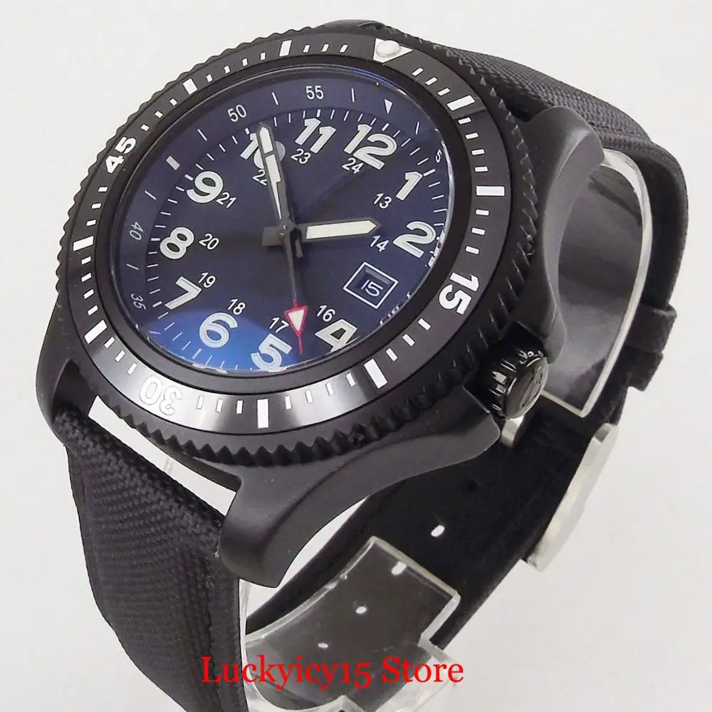 BLIGER Brand 44mm Automatic Men Watch Date Window Rotating Bezel PVD Watch Case Black Dial Leather Strap