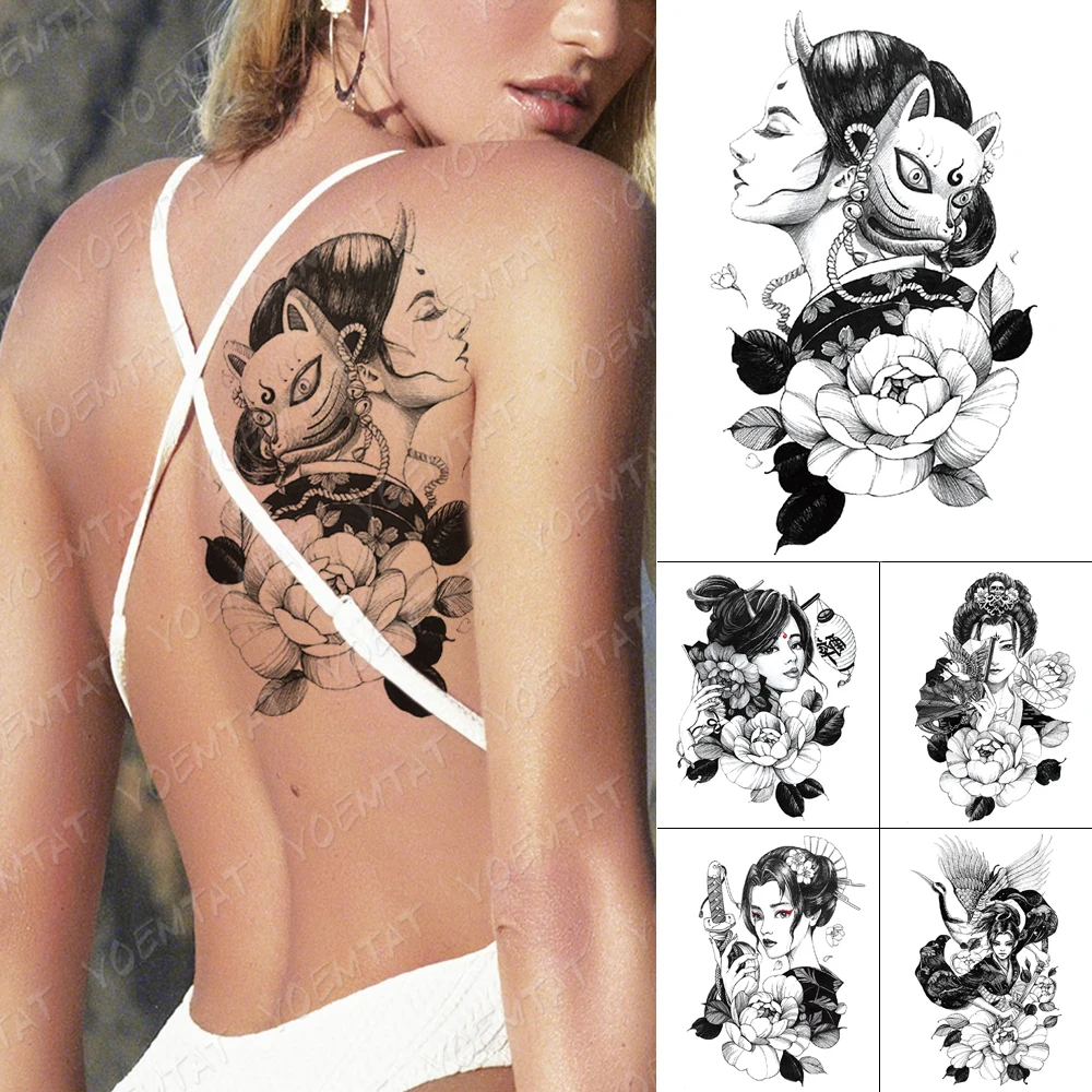 

Waterproof Temporary Tattoo Stickers Beauty Peony Flower Fox Mask Flash Tattoos Female Japanese Geisha Body Art Fake Tatoo Male