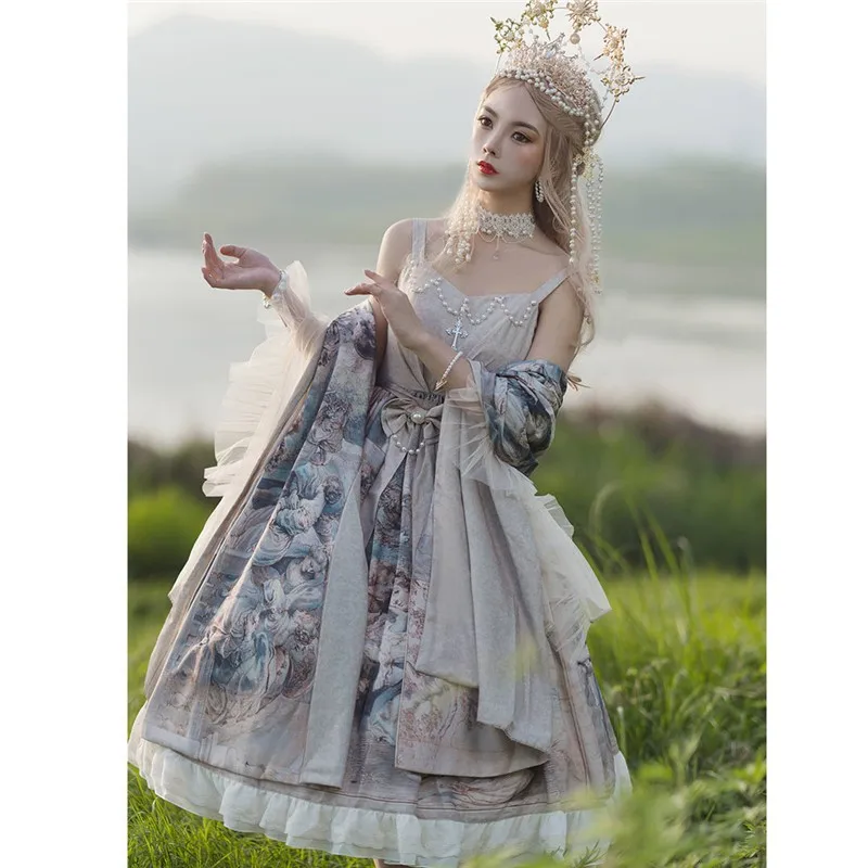 Lolita Oil Painting Court Gorgeous Dress Suspender Jsk With 2m Shawl Anime Cosplay Sweet Girls High Waist Kawaii Lolita Set