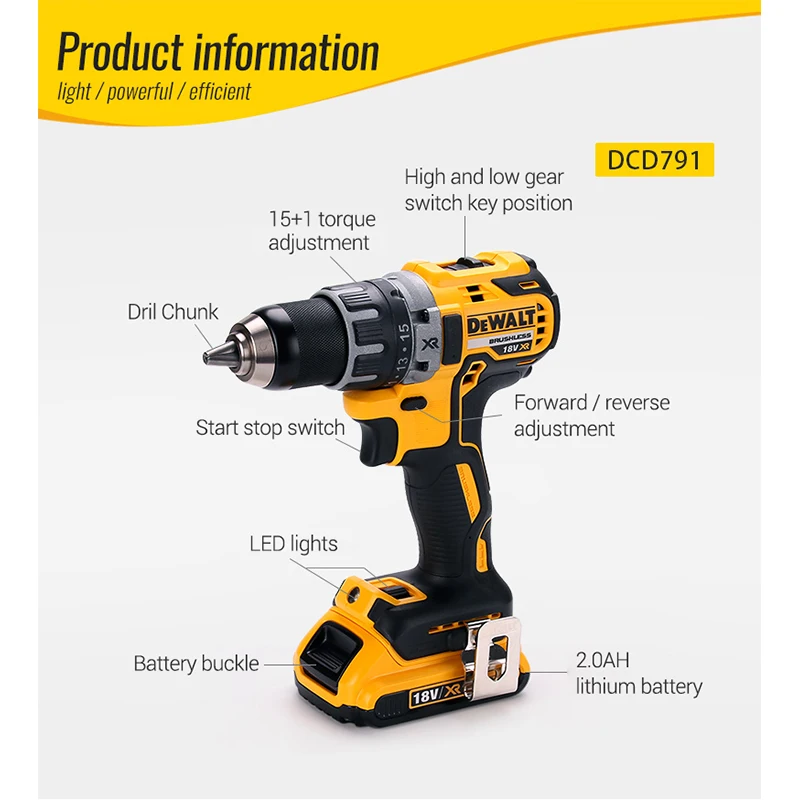 DEWALT Cordless Electric Drill 18V High Torque Brushless Multifunctional Lithium Screwdriver Tool 1/2-Inch DCD791 (One Battery）