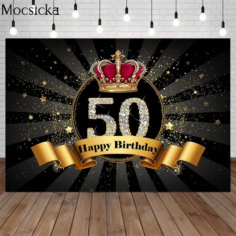 

50th Happy Birthday Photography Backdrops Golden Crown Stars Aldult Birthday Party Decorative Banner Photo Background Photocall