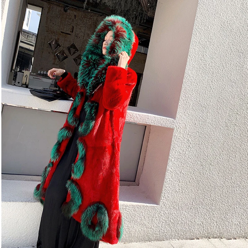 เสื้อโค้ทขนมิงค์นำเข้าฤดูหนาว ผ้ากำมะหยี่ แต่งขนฟ็อกซ์ที่ฮู้ด ลายขนมิงค์ สำหรับผู้หญิง ยาวพิเศษ ขนมิงค์แท้ธรรมชาติ