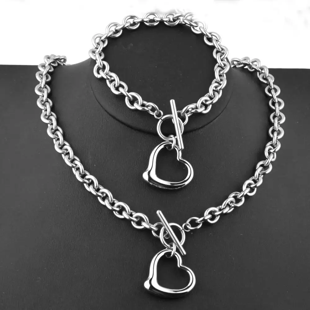 

Fashion Girl Choker Stainless Steel Holllow Heart Pendant Necklace Bracelet For Women's Jewelry Set