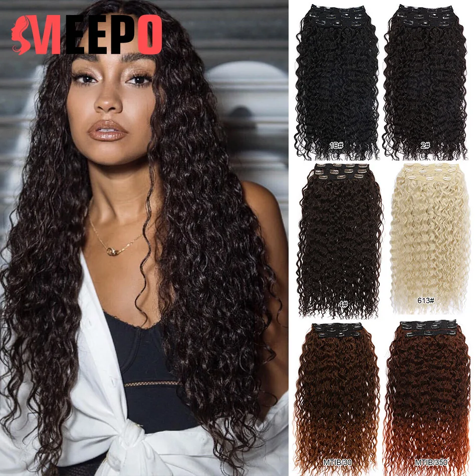 

Meepo Hair 4Pcs Full Head Clip In Synthetic Hair 28 Inch 160g Long Kinky Curly Clip In Hair Extensions Ombre Brown Black Hair