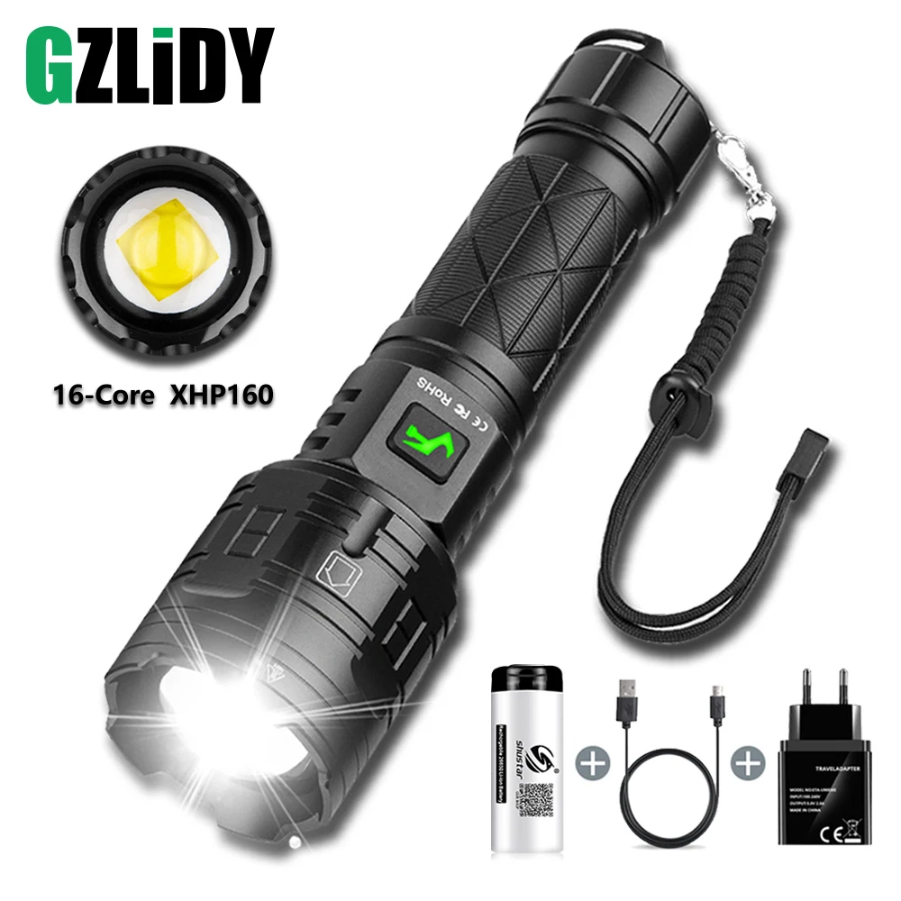 

16 Core LED Flashlight Powerful XHP160 Torch USB Rechargeable Tactical Lantern Zoom Waterproof Outdoor Lighting 18650 Work Light