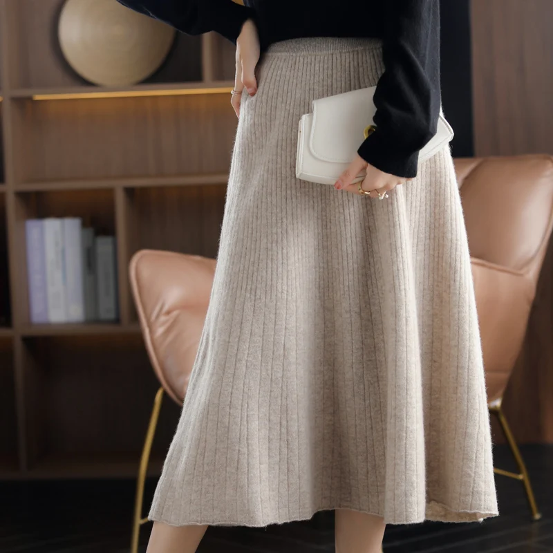 2021 Autumn New High-Waist 100%Pure Wool Pleated Long Skirt Women\'s Knit Base Skirt Fashion Pack Hip A-Line Cashmere Large Skirt