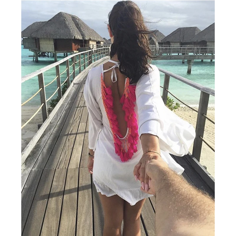 Sexy Hở Lưng Tua Rua Voan Thể Làm Móc Đồ Bơi Đi Biển Đầm Đồ Bơi Nữ Mùa Hè Nữ Cover-Bộ Lưu Điện Đi Biển Pareo