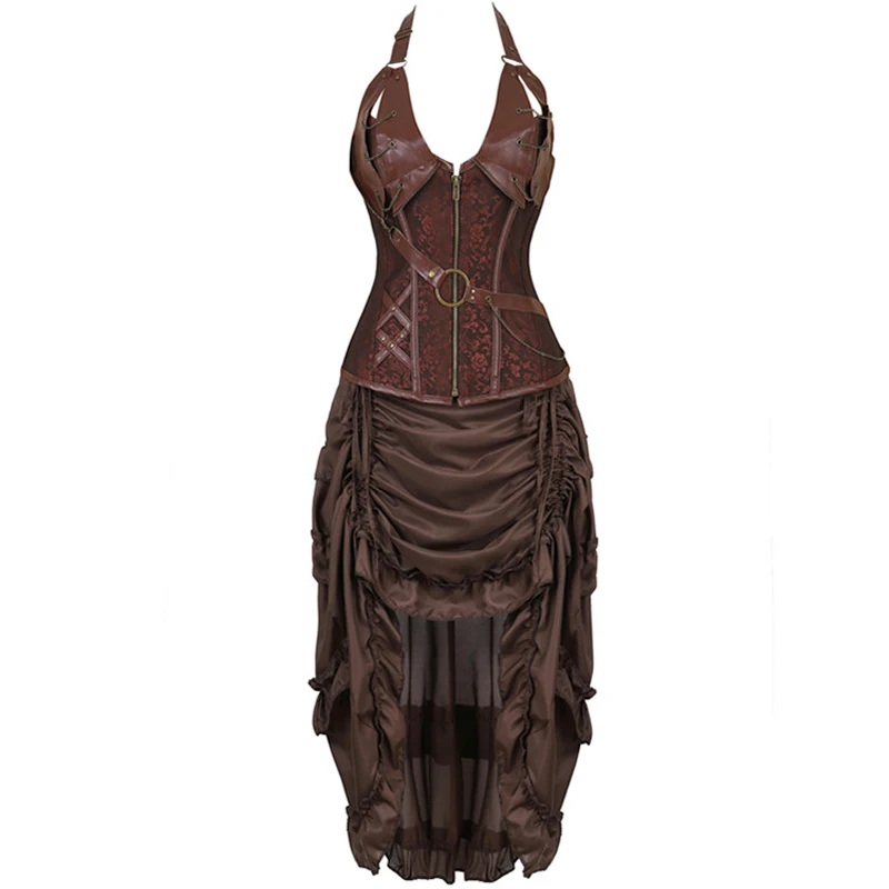 Steampunk Corset Dress Plus Size Sexy Skull Bustier Tops Skirt Set Lace Pirate Burlesque Gothic Vintage Halloween Costume Brown