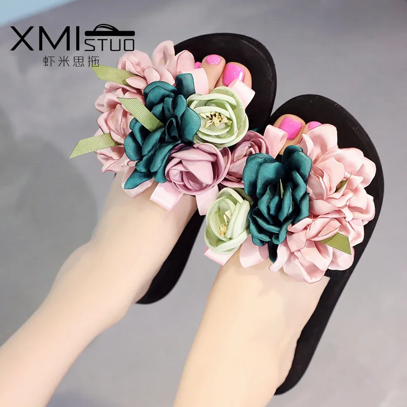 

3cm High Heel Women's Slippers Women's Summer Wear Flat Sandals Flowers Seaside Vacation Sandals Ladies Plus Size Flip-flops