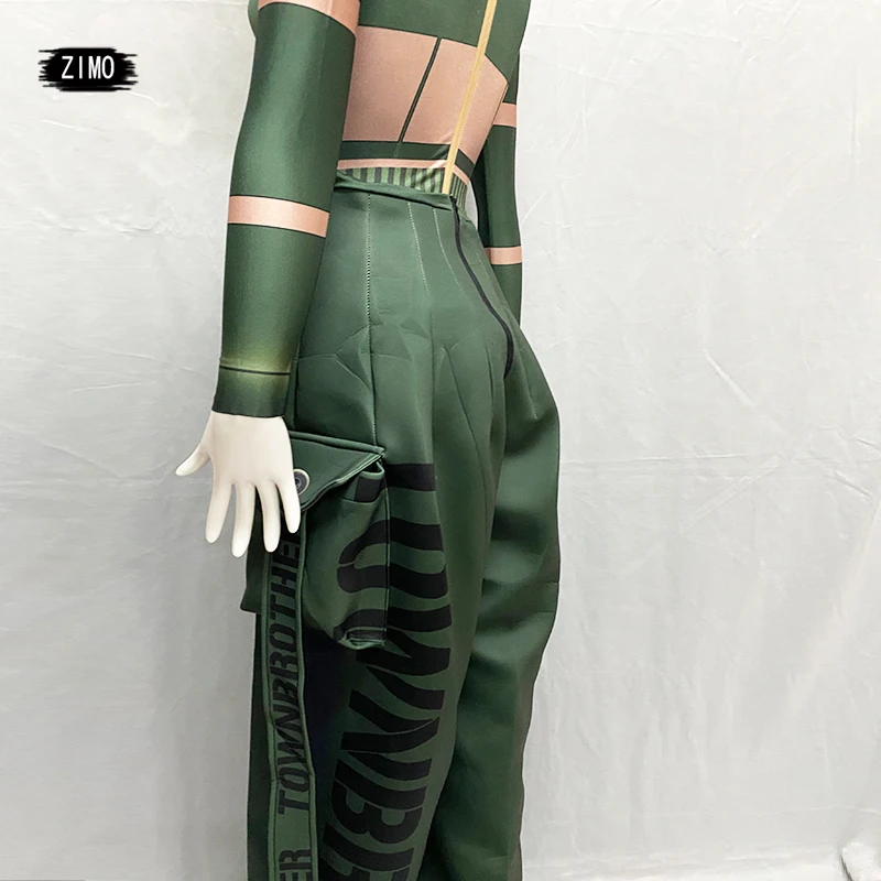 three pieces body suit hat print Green Military Uniform wide leg jumpsuit birthday bar club Jazz Rave Dance Stage drag queen dj