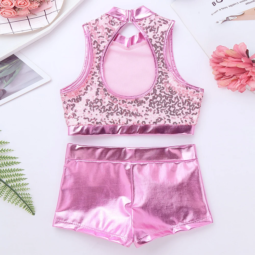 Traje de baile de Jazz con lentejuelas brillantes para niñas, Top corto sin mangas con recorte en la espalda y pantalones metálicos