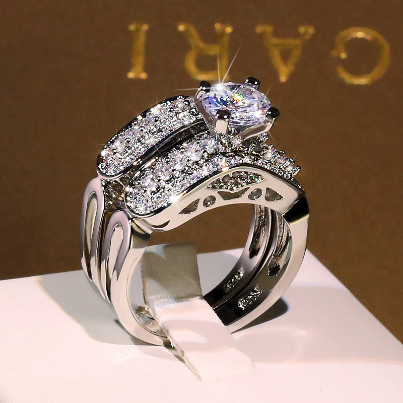 2021 الاتجاه الجديد أنيقة كريستال الجولة الزركون 2 قطعة حلقة مجموعة S925 فضي اللون المشاركة مجوهرات الزفاف للنساء بالجملة #4