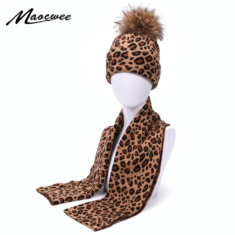 Fashion Leopard Print Beanie Hat And Scarf Set Autumn Winter Double Beanies Hats For Women Elasticity Warm Scarves Pom Pom Hat