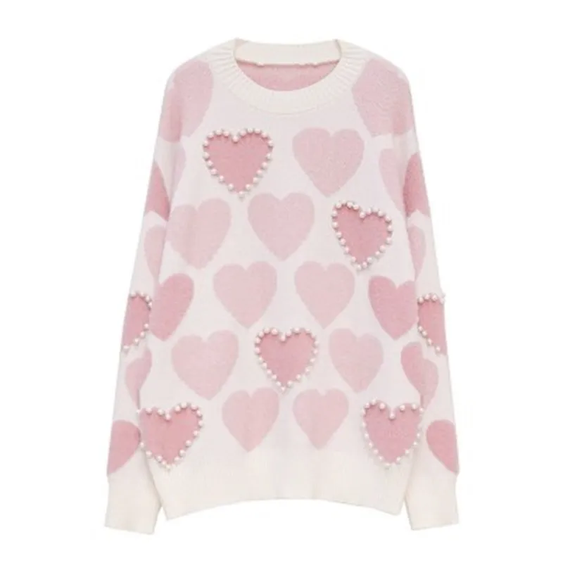 High Quality Heart Pearls Beading Sweater Women Pink Kawaii Jumpers Korean Long Sleeve Knitted Pullover Sweater Casual Knitwear