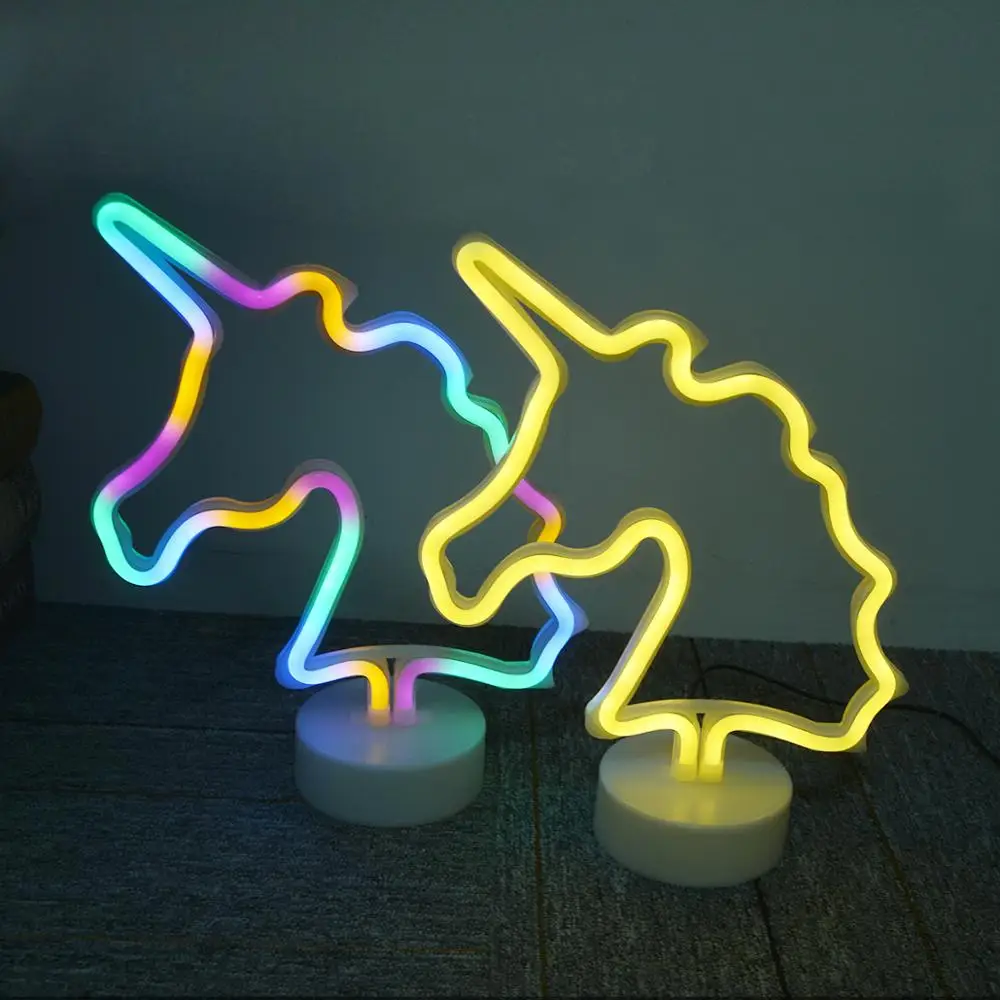 Battery/USB LED Neon Night Light Sign Flamingo Unicorn Coconut Tree Cactus Pineapple Table Lamp Kids Bedroom Christmas Art Decor