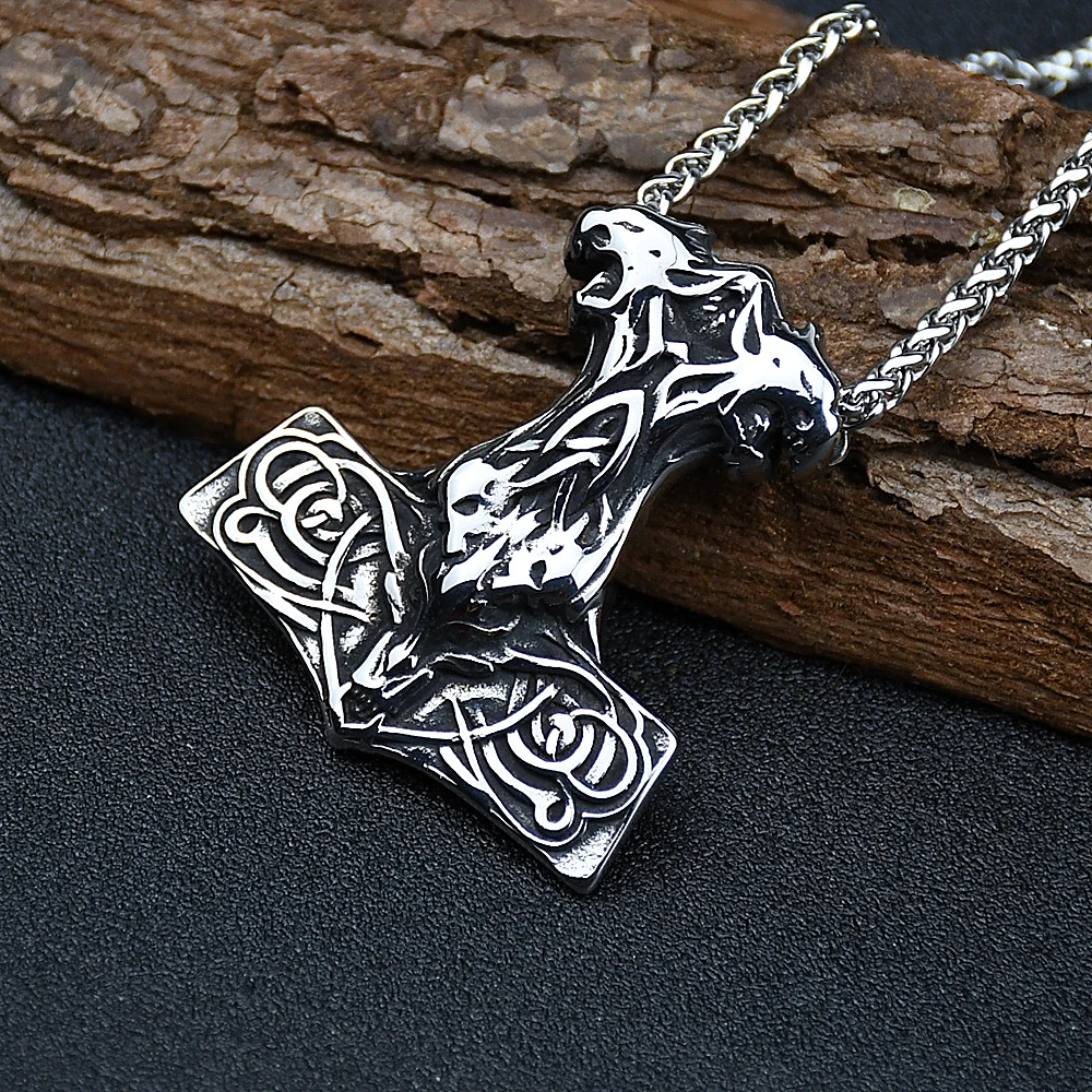 Norse Viking wolf skull pendant nordic MJOLNIR  Thor Hammer Necklace Men stainless steel GIFT