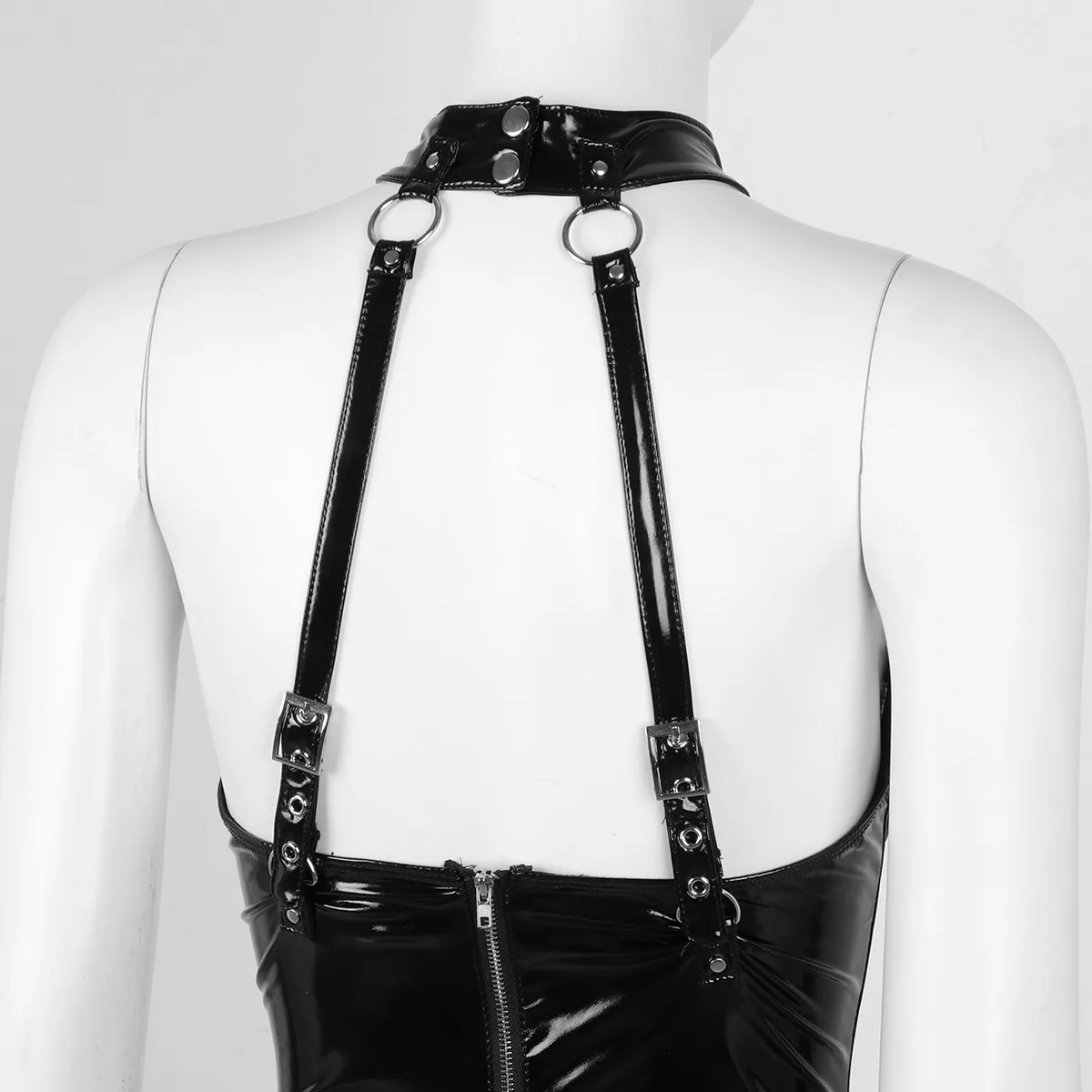 Women Lingerie Open Chest Bodysuit Wet Look Patent Leather Halter Neck Bare Breast Crotchless Adjustable Buckle Leotard Bodysuit