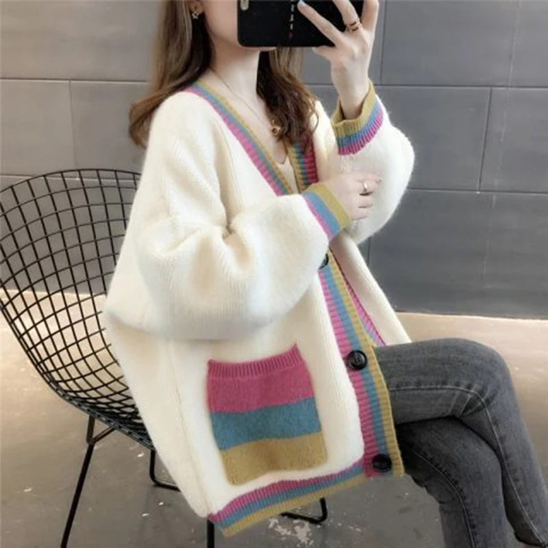 

Woman Sweaters Sweater Coat Women's Color Matching Sweater Cardigan Loose Femme Chandails Pull Hiver