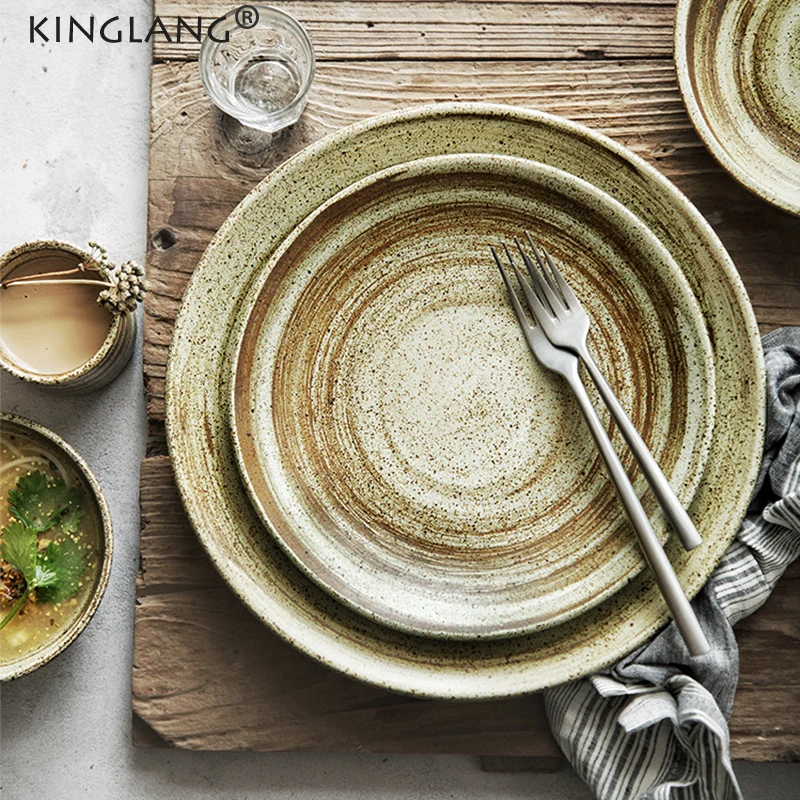 KINGLANG Japanese 2/4 Person Dinner Set Retro Matt Ceramic Dinner Plate Tableware Swallow Salad Food Plate Wholesale RUST Dish