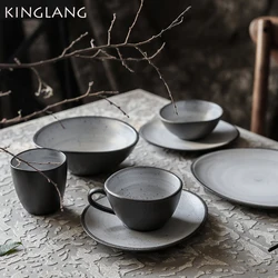 KINGLANG  Dinner Sets Nordic Style Retro Ceramic Plate Set Family Steak Plate Meal Shallow Plate and Bowl Set