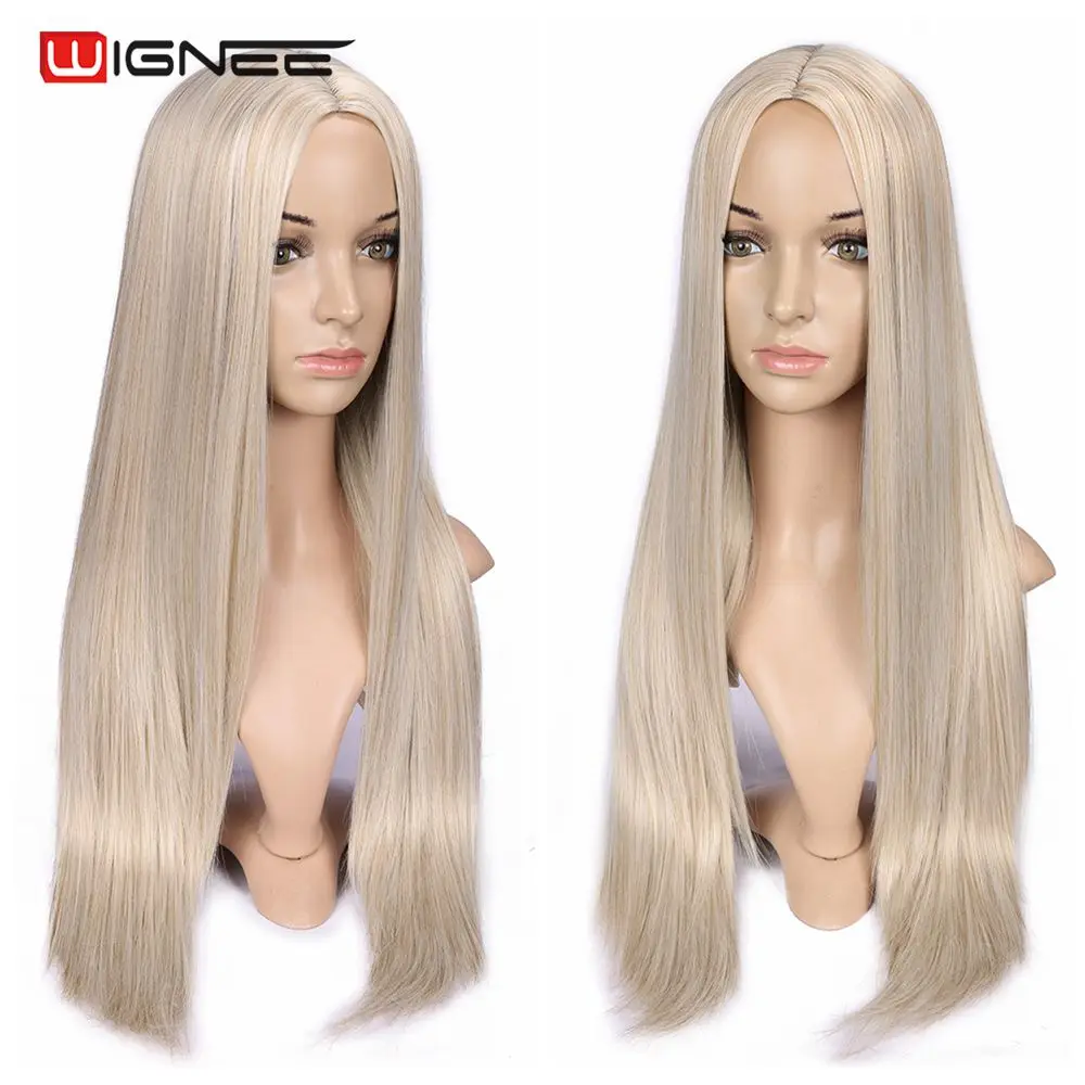 Wignee Long Straight Hair Synthetic Wig For Women  Blonde Natural Middle Part Hair Heat Resistant FiberNatural Daily Hair Wig